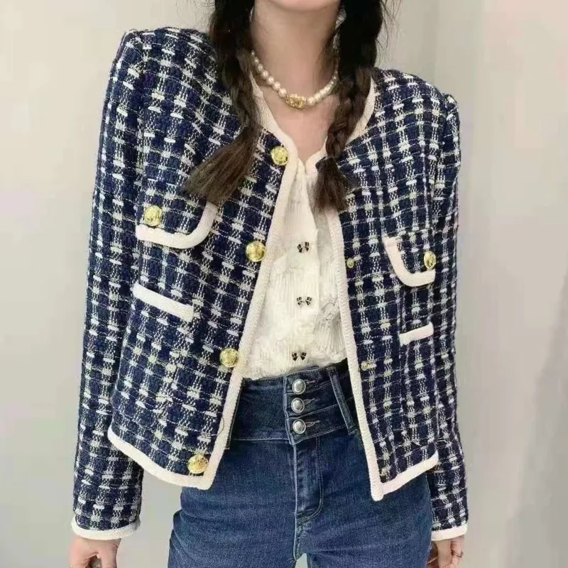 

New Korean Autumn Single-Breasted Tweed Jackets Women's Long Sleeve Wool Coat Cardigan Outwear Vintage Tops