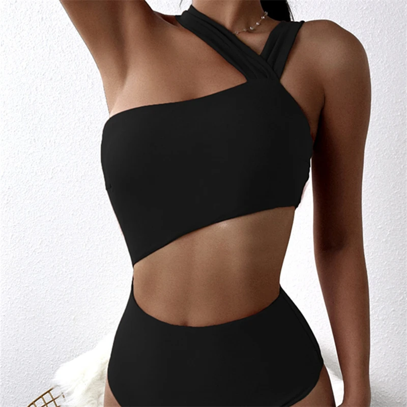 

Solid Color High-Waist Bikini Sexy Diagonal One Shoulder Swimsuit One Piece Summer Cut Out Swimwear Women 2022Beach Bathing Suit
