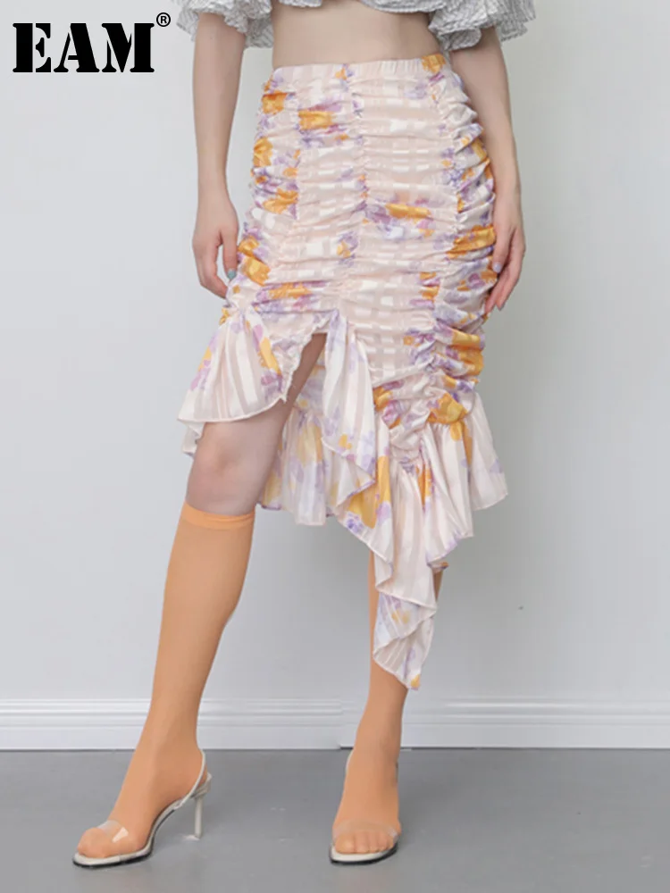 

[EAM] High Waist Flower Printed Irregular Pleated Holiday Half-body Skirt Women Fashion Tide New Spring Summer 2023 1DE9436