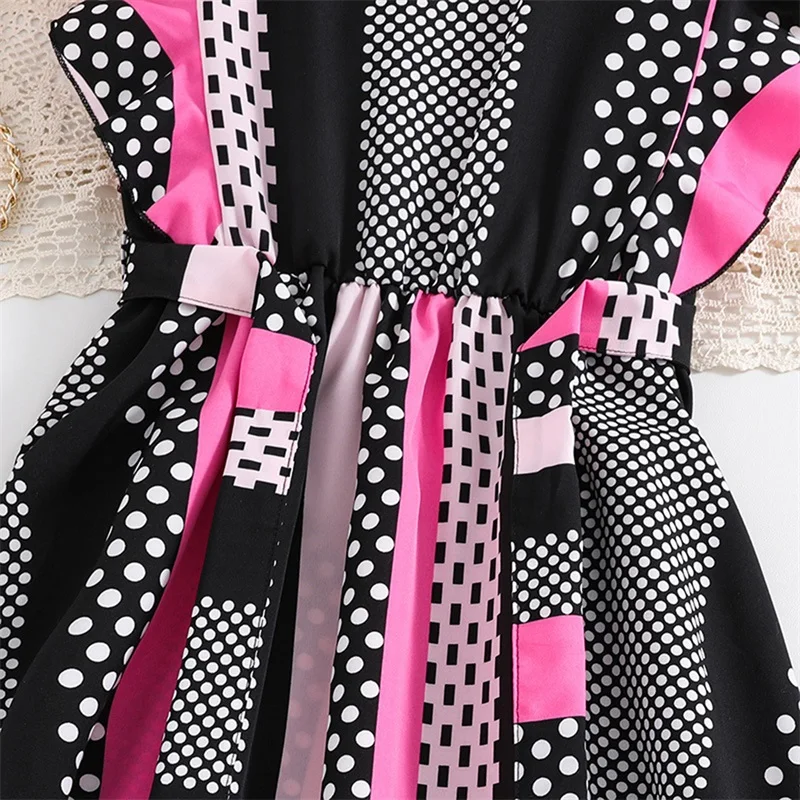 Платье детское летнее в горошек с круглым вырезом и поясом