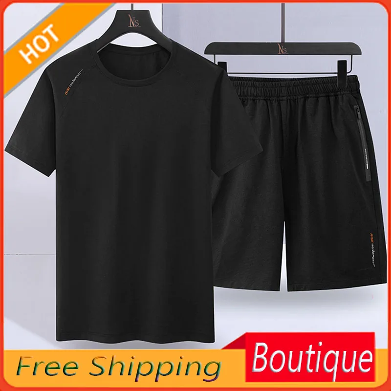 2023 Summer New Men's Short-Sleeved Suit Ice Silk Short Sleeve T-shirt Men's Shorts Casual Quick Drying Clothes Two-Piece Suit