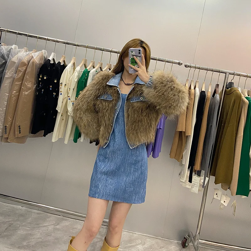 Fashion Ladies Real Fur Jacket Single Breasted Denim Patchwork Natural Raccoon Fur Coat Women