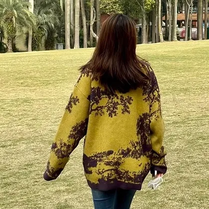 U Ah Joint Name Design Пейзаж 3D Картинка Вязать Корейская серия Свободный кардиган в стиле