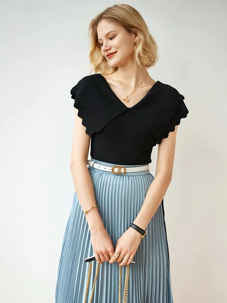 2022 Spring New Bat Sleeve Ice Silk Knit Sweater Ruffled V-neck Slim Short Top Womens Clothing