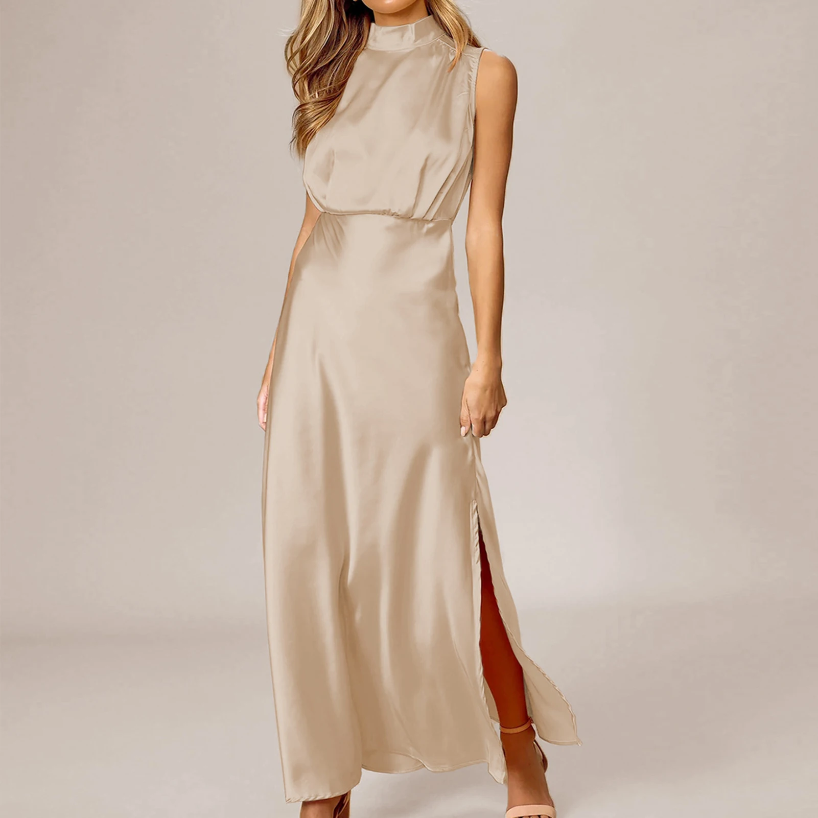 

Women Formal Satin Dress Sleeveless Mock Neck Maxi Skirt Side Slit Solid Color Elegant Soft for Cocktail Wedding 2023 Latest