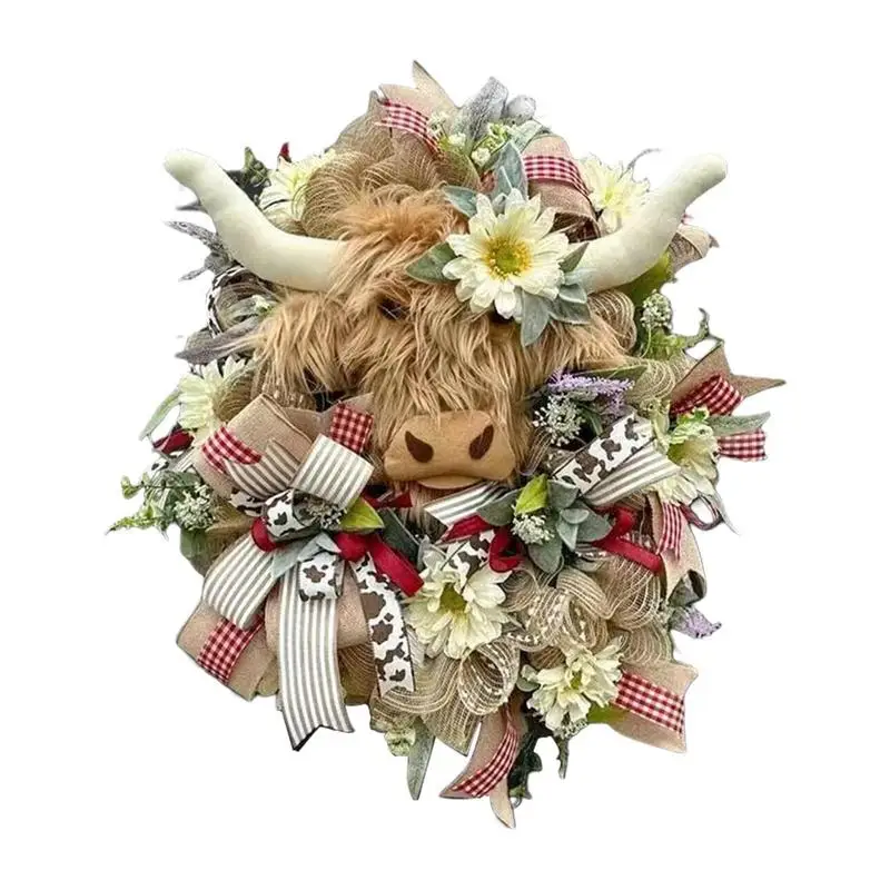 

Farmhouse Cow Wreath Bow Leaves Welcome Home Decorations For Front Porch Wooden Spring Front Porch Decor Highland Cow Heads For