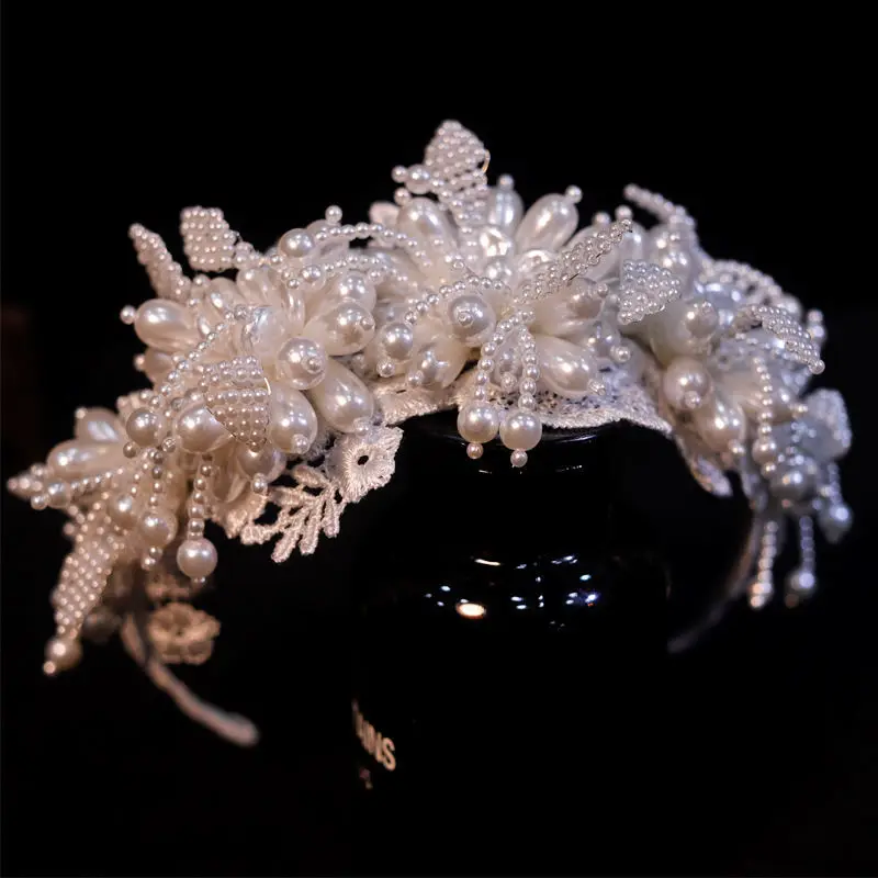 

French Bridal Headdress Pearl Lace Headband Crown Vintage Crown Wedding Headdress Crystal Headband Hair Accessories