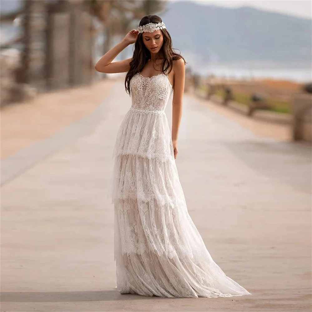 

Bohemian Chic Lace Wedding Dress 2022 For Women Bride Spaghetti Straps Elegant Bridal Gowns Ruffles Skirt Vintage Robe De Mariee