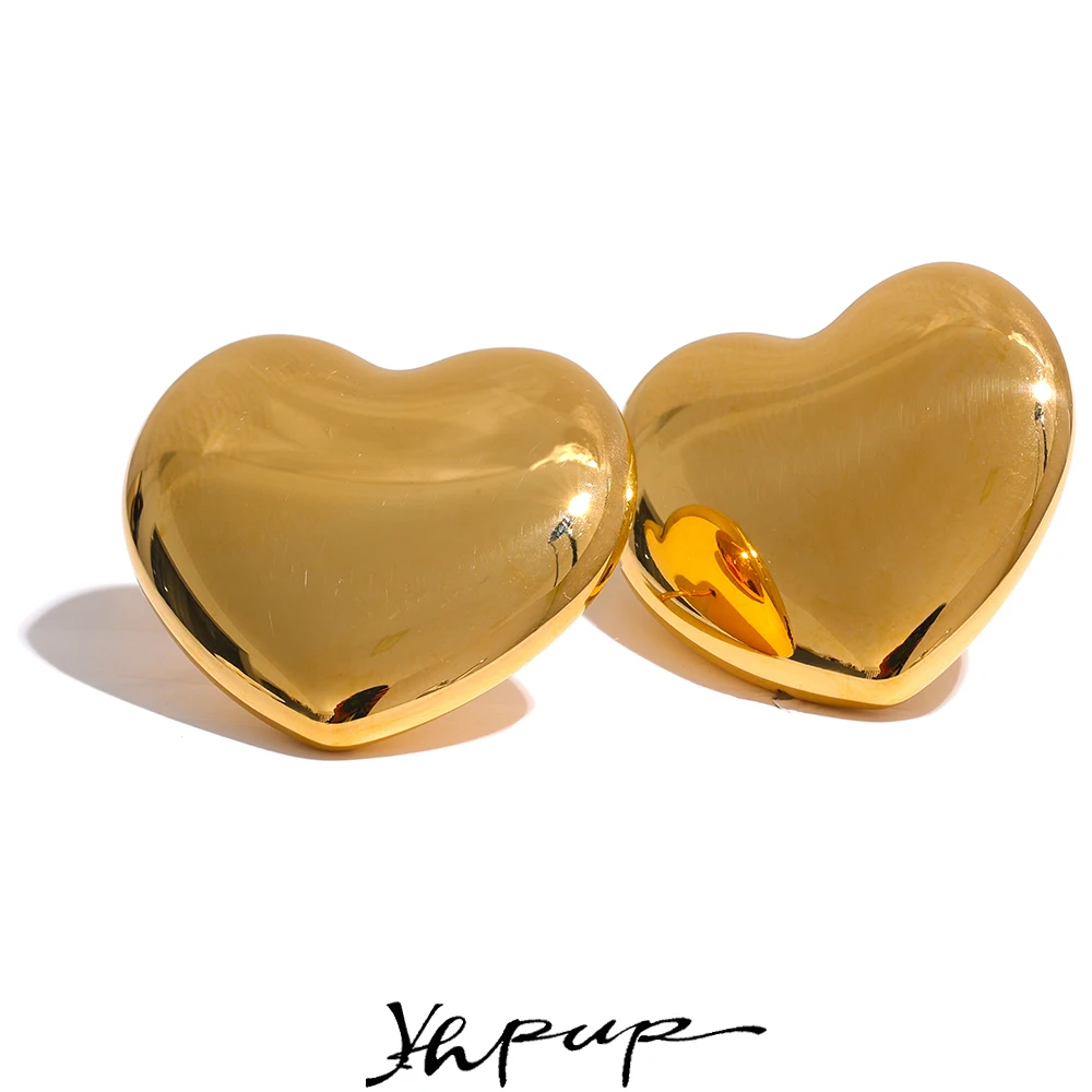 

Yhpup 25mm Big Heart Stud Earrings Stainless Steel Bright Smooth Metal Waterproof Fashion Gold Color Charm Lovely Jewelry Gift