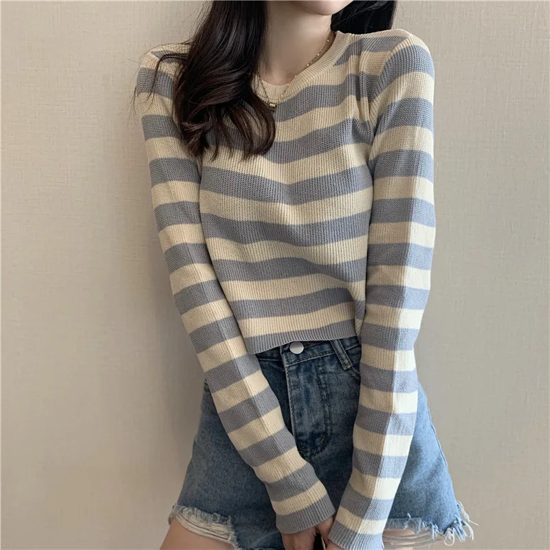 

Spring Autumn Fashion Woman Stripe Casual Lovely Casual Pullover O-neck Women's Long Sleeves Slim Tees Bottom Knitted Top Soft