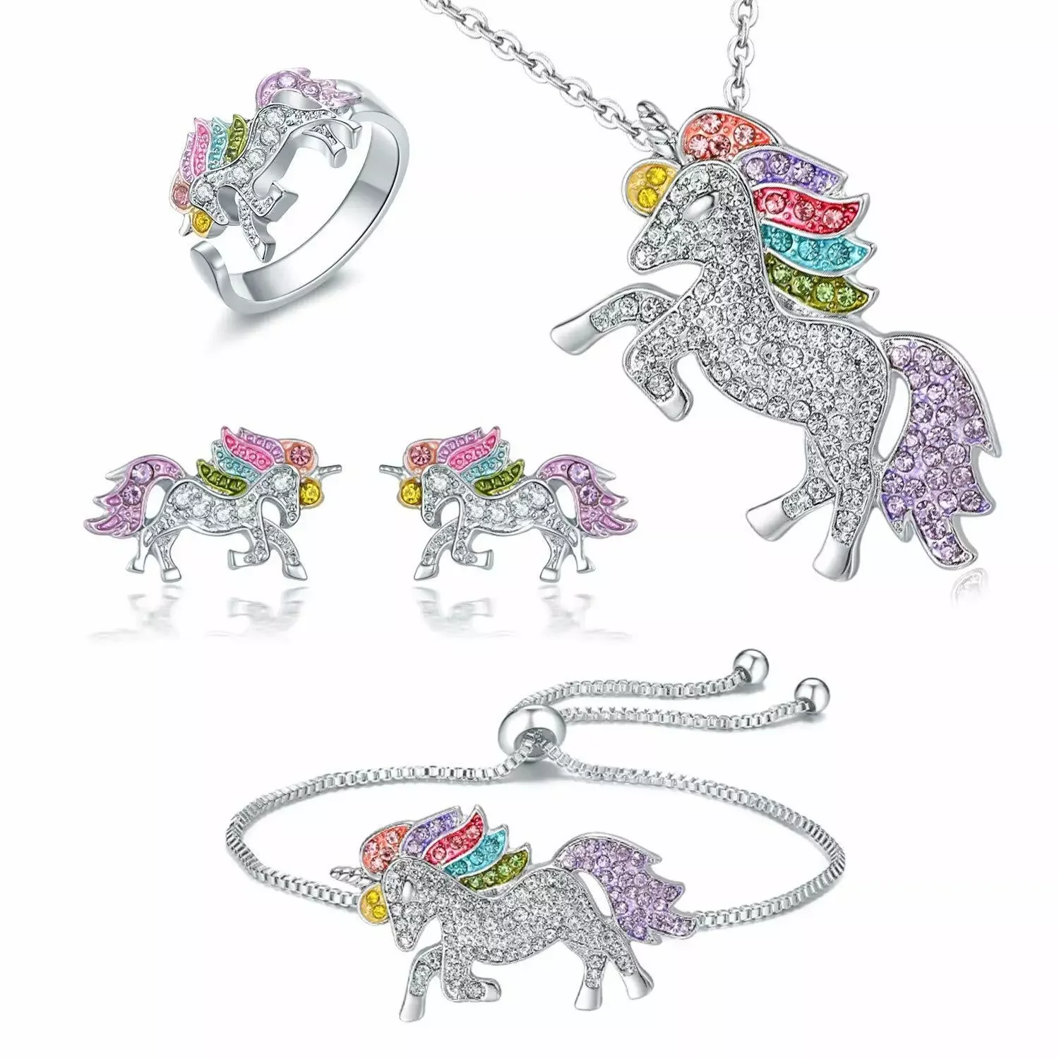 

Luxury Crystal Unicorn Rings Necklace Bracelet Earrings Jewelry Set Cute Cartoon Rainbow Horse Accessories For Women Jewelry