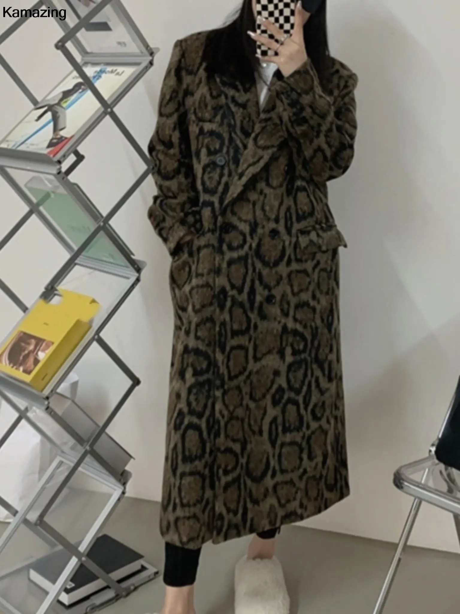 

2023 зимний модный двубортный длинный Тренч, Женский винтажный блейзер с леопардовым принтом, женская верхняя одежда Y2k