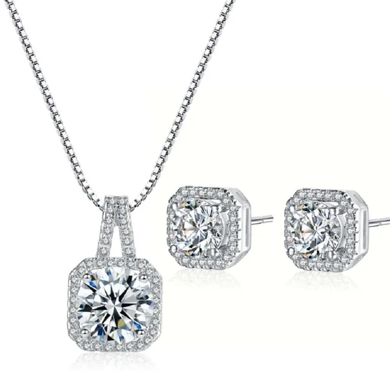 

925 Sterling Silver Crystal Necklace Earrings Bridal Jewelry Sets For Women Fashion Jewelry Wholesale