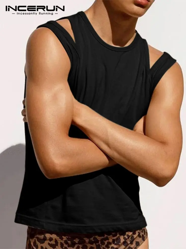 

Handsome All-match Simple Men's Waistcoat Shoulder Cutout Design Solid Comfortable Male Party Nightclub Vests S-5XL INCERUN 2022