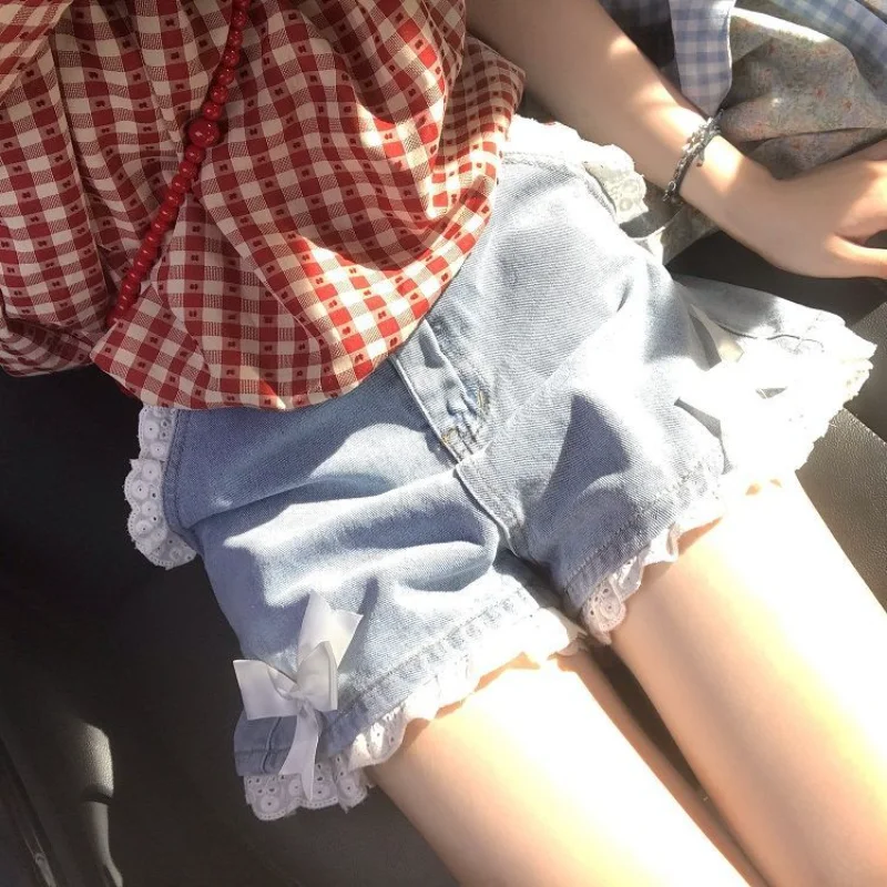 

Lace Patchwork Denim Shorts Summer Sweet Bow Loose High Waist Japanese Preppy Style Short Blue Pants Y2k Kawaii Women Hotsweet