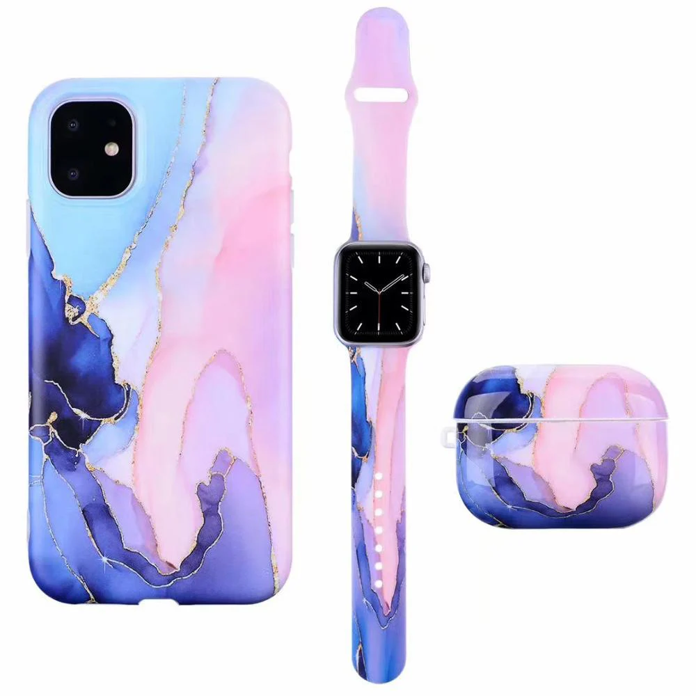 

3 PCS Set Phone Case Strap AirPods Case for IPhone 11 12 13 Pro Max Marble Print Silicone Watch Strap for Iwatch 38mm 42mm Band
