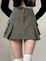 houzhou vintage pocket denim cargo skirt women korean preppy style high waist solid a line casual pleated mini skirt y2k e girl