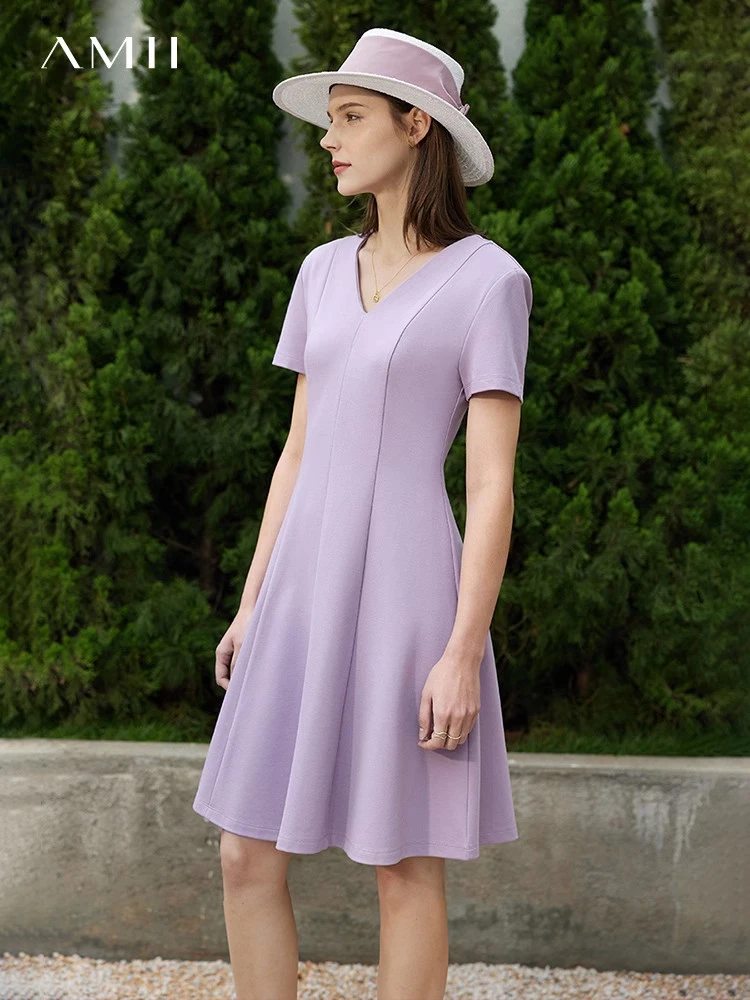 AMII Minimalism Summer Womens Dresses Short Sleeve French V-neck 2023 Office Lady Dress Elastic Waist Slim Vestidos 12230186