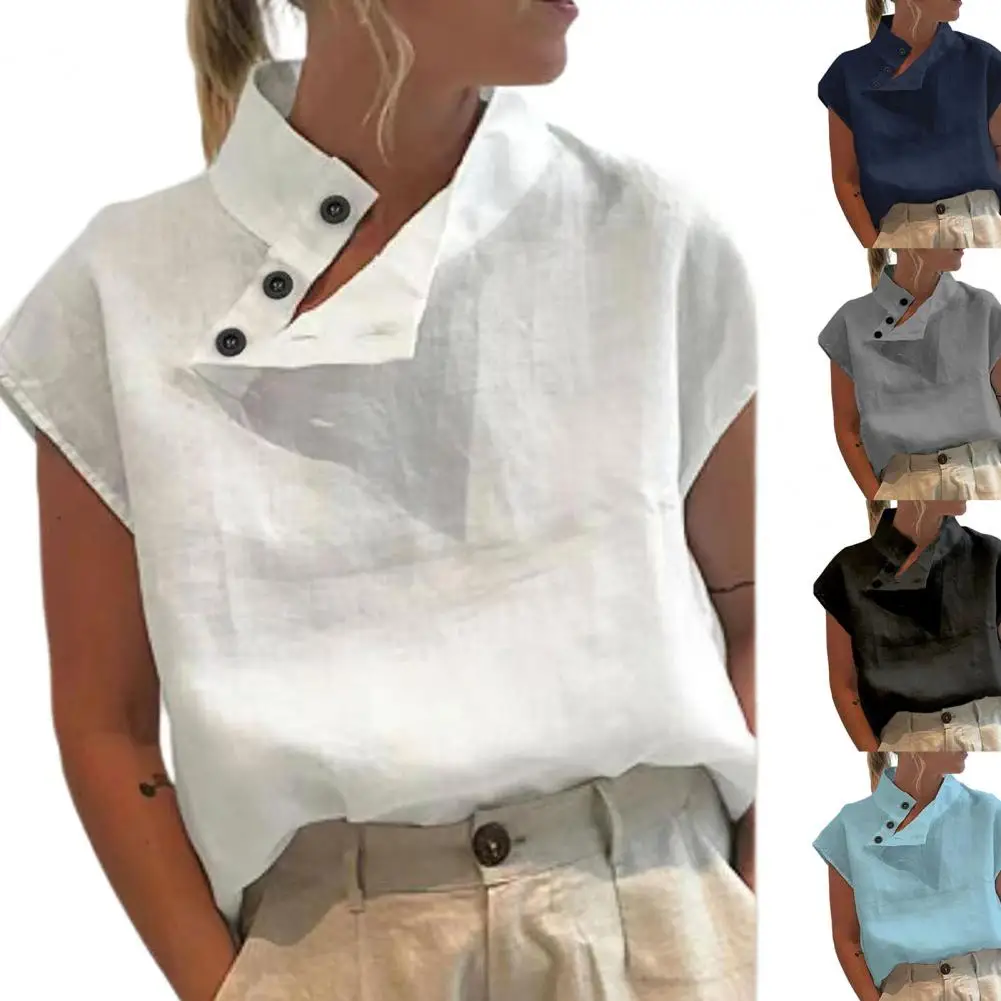 

Stylish Stand Collar Blouses 2023Summer Women Cotton Linen Short Sleeve Button Solid Shirt Casual Loose Tunic Top Light Thin 4XL