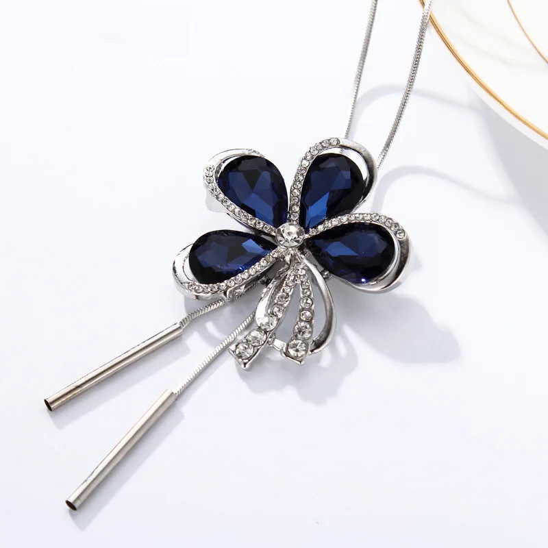 Crystal Five Petal Flower Necklaces & Pendants for Women Trendy Long Collier Femme Fashion Female Sweater Chain Jewelry |