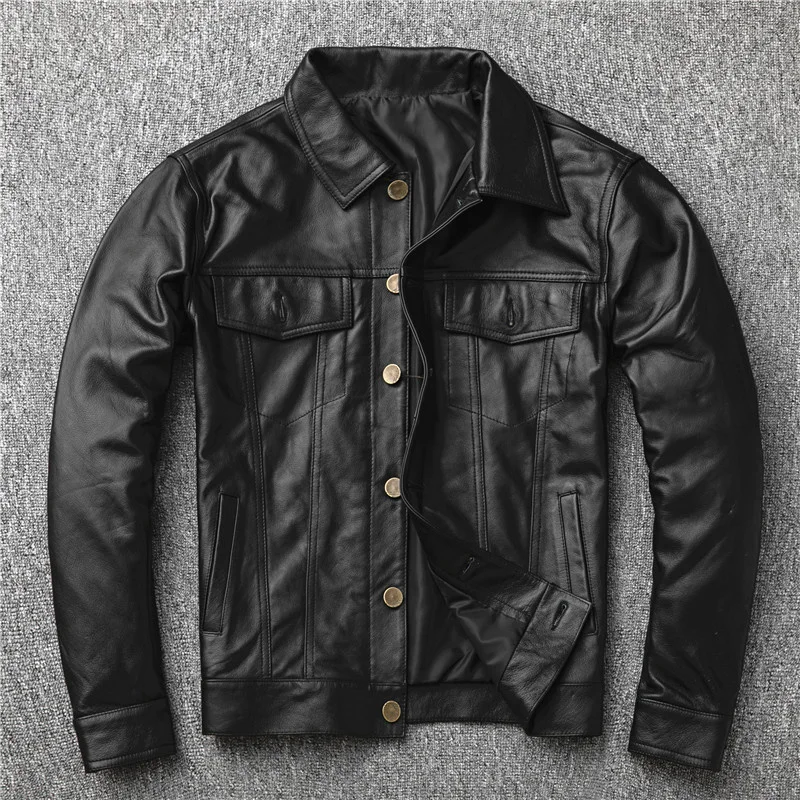 

Genuine Cowhide Quality Men Leather Coat Plus Size 4XL Motorcycle Jacket Clothing Slim Black Cowskin Real Leather Jackets