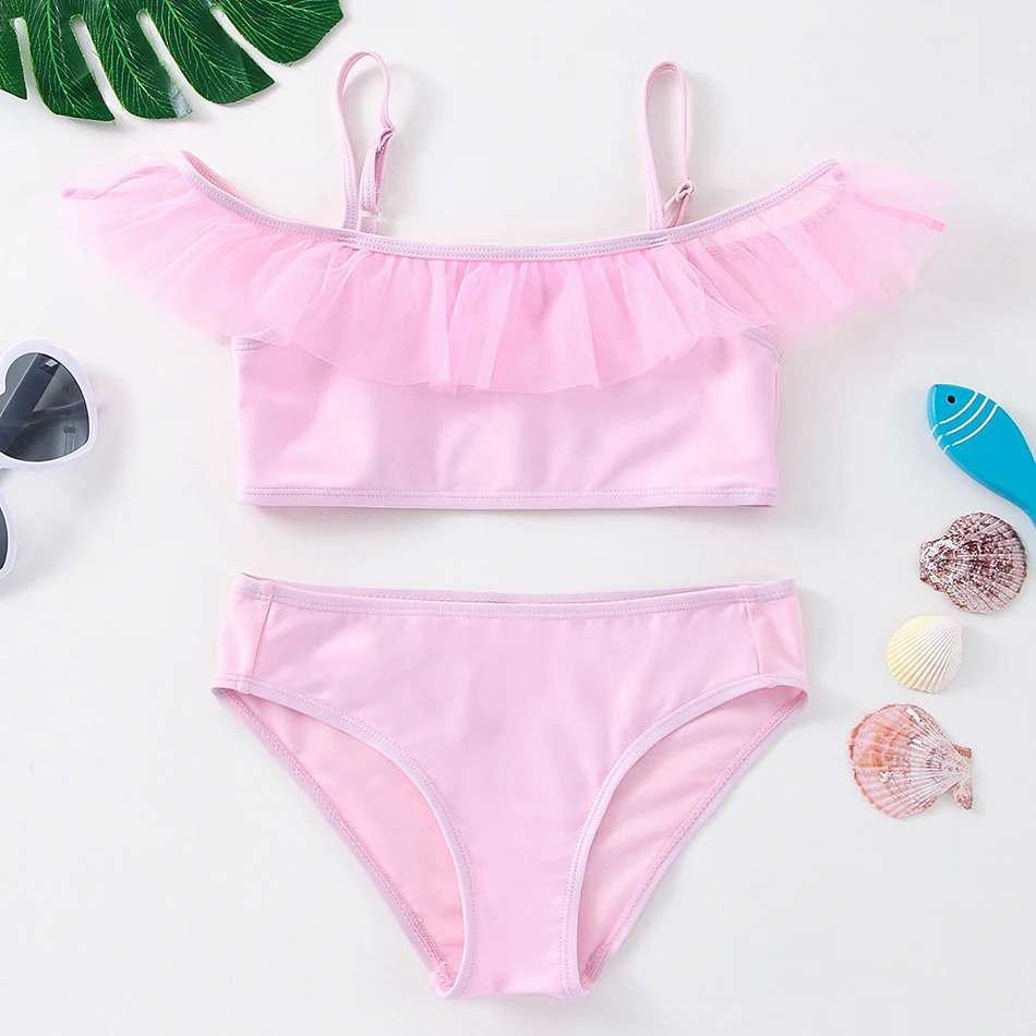 

2022 New Girls Swimsuit Pink Lace Two Piece Children's Swimsuit Ruffle Swimsuit For Girl Bathing Suit With Lace Swimwear Girls