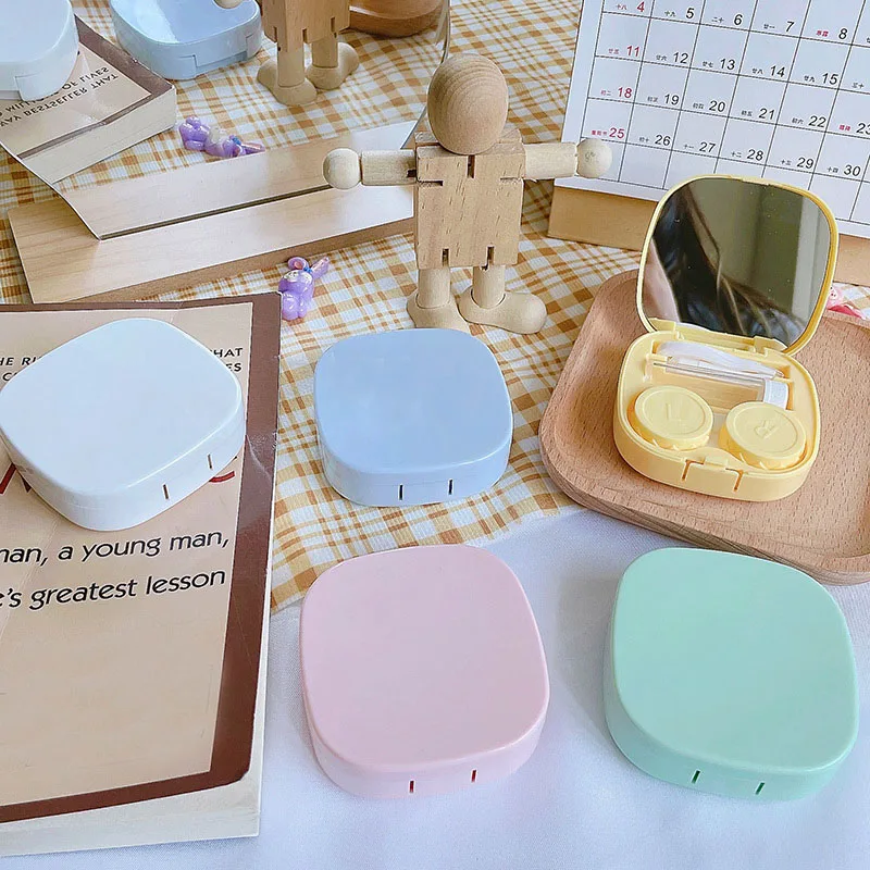 

New Contact Lens Case with Mirror Solid Color Portable Compact Powder Box Cosmetic Contact Lenses Storage Case Travel Kit