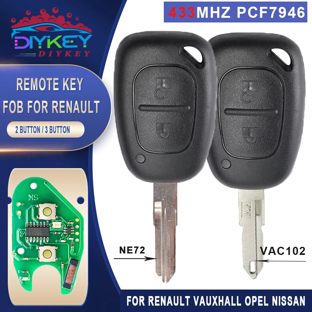 

DIYKEY 433MHz PCF7946 ID46 Chip 2 Button Remote Key FOB for 2003-2010 Renault Vauxhall Opel Nissan Vivaro Movano