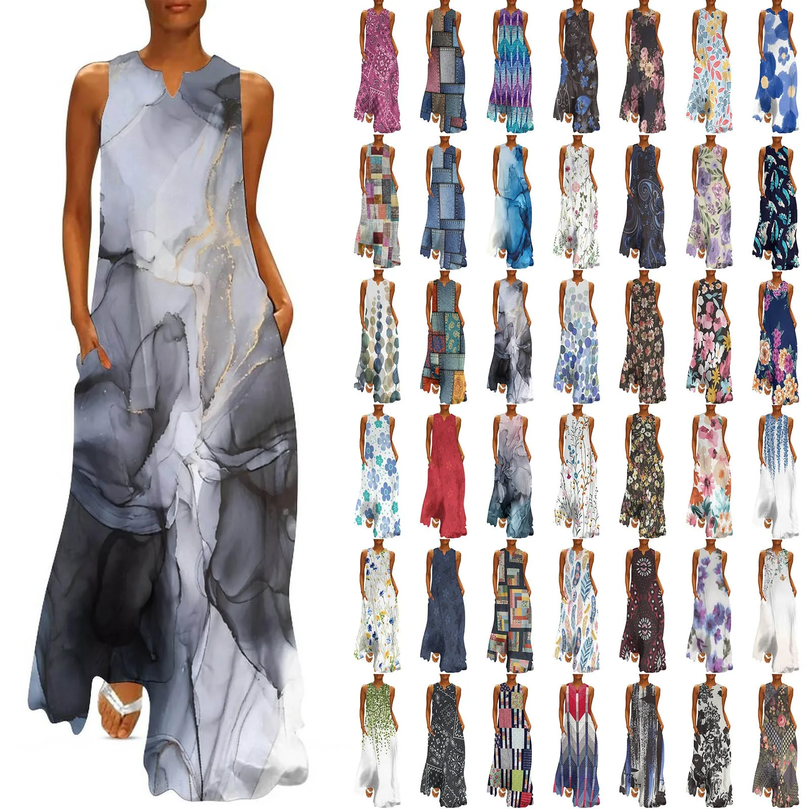 

Винтажное женское праздничное платье с цветочным принтом, Летние повседневные длинные платья без рукавов с V-образным вырезом, женское пляжное платье макси, вечерние платья