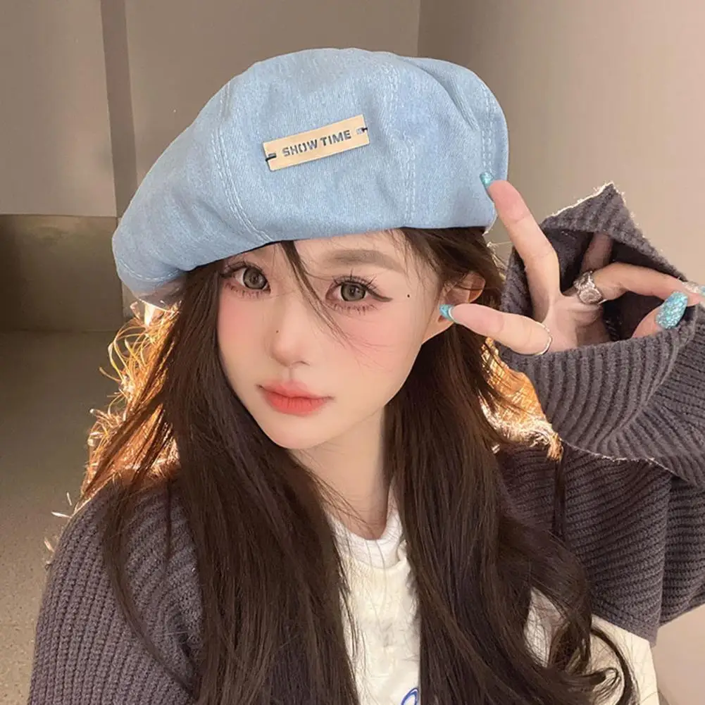 

Letter Logo Octagonal Hat Stylish Women's Denim Painter Hat Casual Streetwear with Solid Color Logo Autumn Winter Fashion Solid