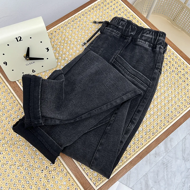 

Осенняя одежда 2023, черные женские джинсы большого размера, простые повседневные однотонные брюки-карандаш с поясом на резинке