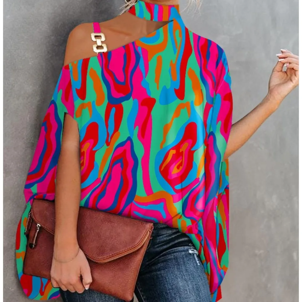 

Летняя женская рубашка с лямкой на шее и рукавом летучая мышь с 3D принтом, офисный Женский Повседневный пуловер с открытыми плечами, свободная блузка, топы, женские блузы