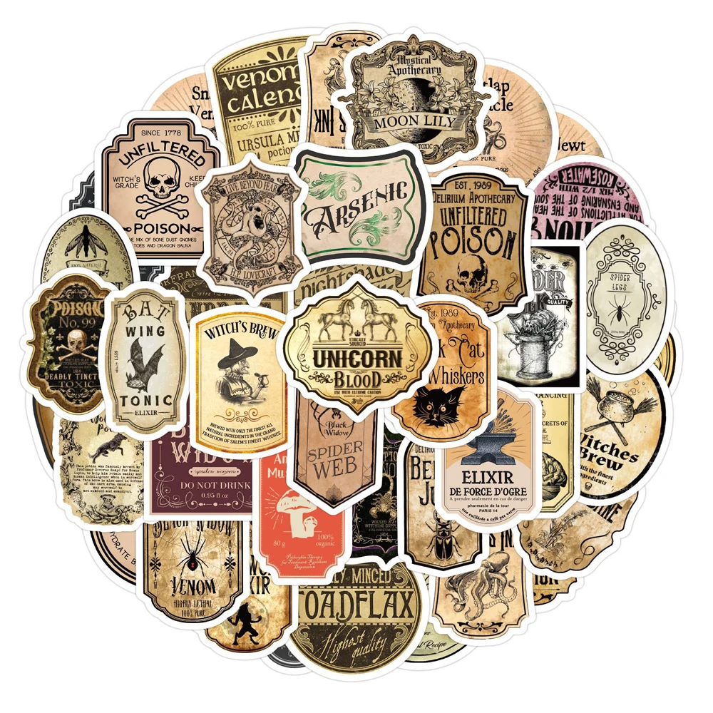 

10/30/60PCS Vintage Liquid Medicine Label Sticker Graffiti Laptop Phone DIY Skateboard Helmet Cup Waterproof Diary Sticker