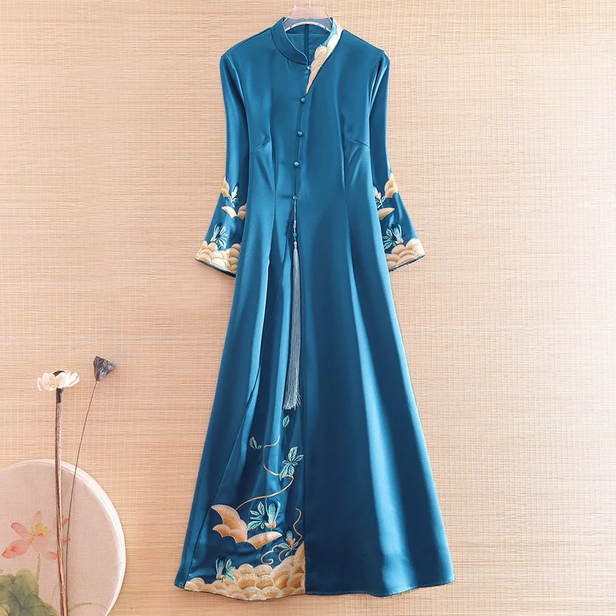 

Ethnic Style Improved Cheongsam Long Dress Machine Embroidery Tassel Zen Tea Ceremony Slim Dress