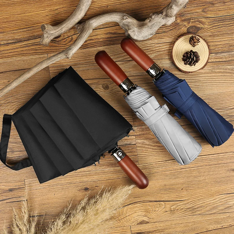 

Full Automatic Business Umbrella Solid Wood Handle Three fold umbrella men's business umbrella