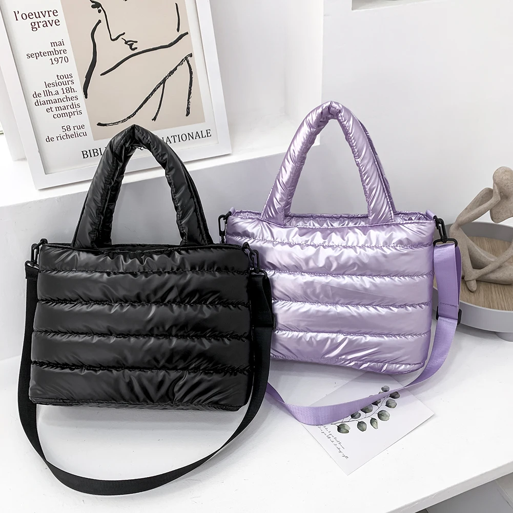 

Fashion Nylon Padded Handbags Female Large Capacity Top-Handle Bags Solid Color Crossbody Bags Winter Down Women Shoulder Bags