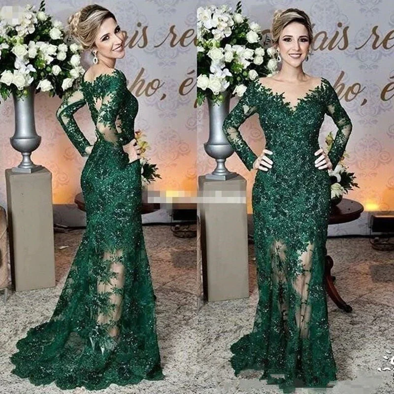 

Charming Green Mermaid Lace Mother of the Bride Dresses Long Sleeve Wedding Guest Gowns Jewel Neck Beaded vestido de madrinha