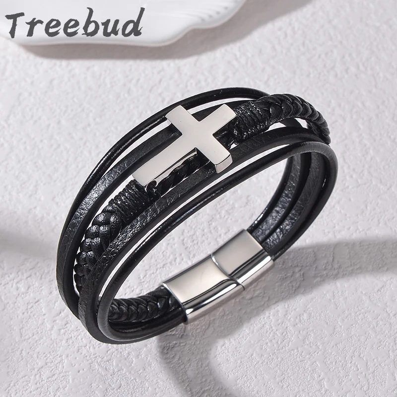Трендовые кожаные браслеты Treebud для мужчин браслет из нержавеющей стали с