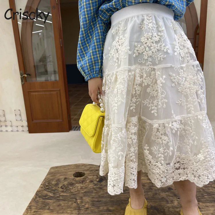 

Criscky Fashion Kids Lace Hollow Out Girls Princess Mid Waist Long Beige Asia Korean Baby Girl Bottom Clothing