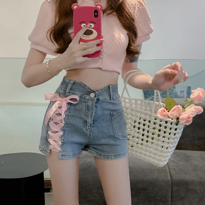 Pink Lace Up Denim Shorts Women Highv Waist Sexy Summer Jeans Short Pants Pockets Streetwear Slim Bodycorn Sheath Clubwear