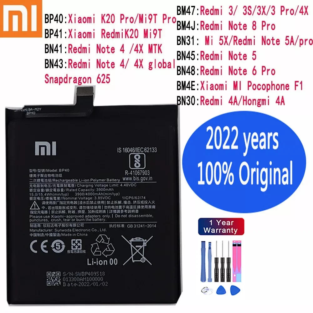 

100% Original Battery For Xiaomi K20 K20 Pro Mi9T Mi9T Pro Redmi 3 3S 4A Note 5 Note 6 Pro 8 Pro Mi 5X MI Pocophone F1 Note 4/4X