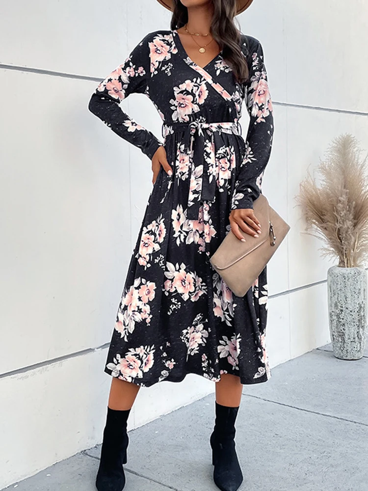 

2023 весеннее модное приталенное платье с V-образным вырезом и завязкой на талии для женщин, повседневные женские платья средней длины с принт...