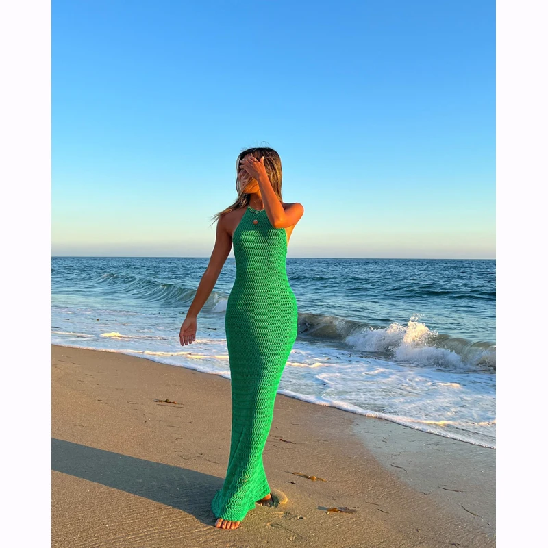 

Женское пляжное платье с открытой спиной, длинное трикотажное хлопковое платье без рукавов с открытой спиной и принтом, наряды для отдыха и прогулок, лето 2023