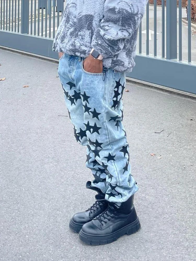 Men's Loose Jeans Straight FashionPrint Streetwear Man Pants Blue Baggy Jeans Comfy Wide Leg Trousers High Street Pants Clothes