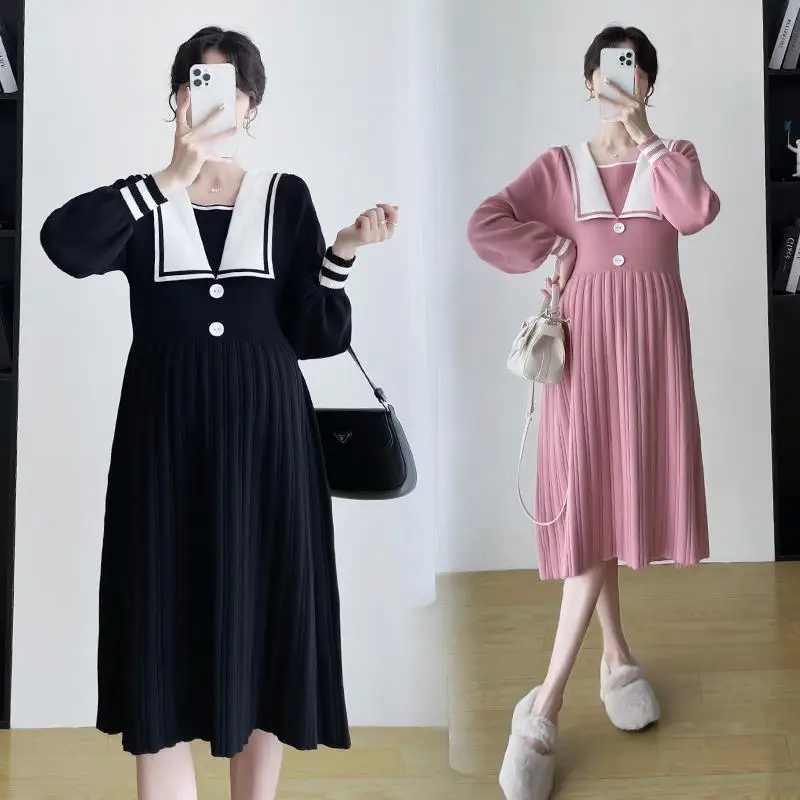 

Autumn Winter Maternity Knit Dress Fashion Sailor Collar Long Sleeve Patchwork A Line Pregnant Women Dress Clothes for Pregnancy