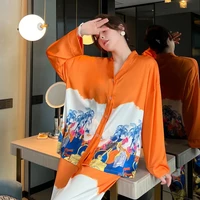 new womens pajamas set luxury orange coconut print sleepwear silk like home suit v neck pijamas women long sleeve set 2 pieces
