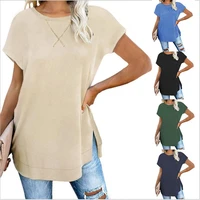 2022 womens spring and summer new solid color round neck dropped shoulder t shirt front and rear slit top