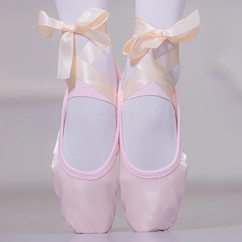 Girl Child and Ladies Ballet Pointe Dance Shoes Satin Ballet with Ribbon Straps Round Toe Indoor Yoga Shoes Fitness Slippers