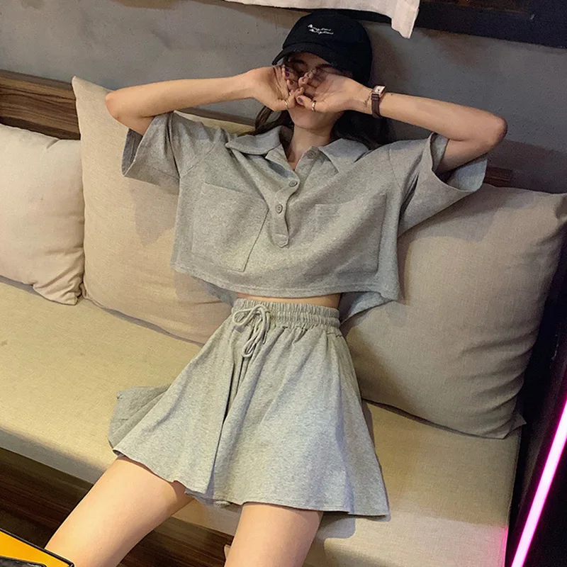 

Casual Womem Gray Black Summer Tracksuit Shorts Set Short Sleeve Shirt Tops And Mini Shorts Suit 2022 New Two Piece Set