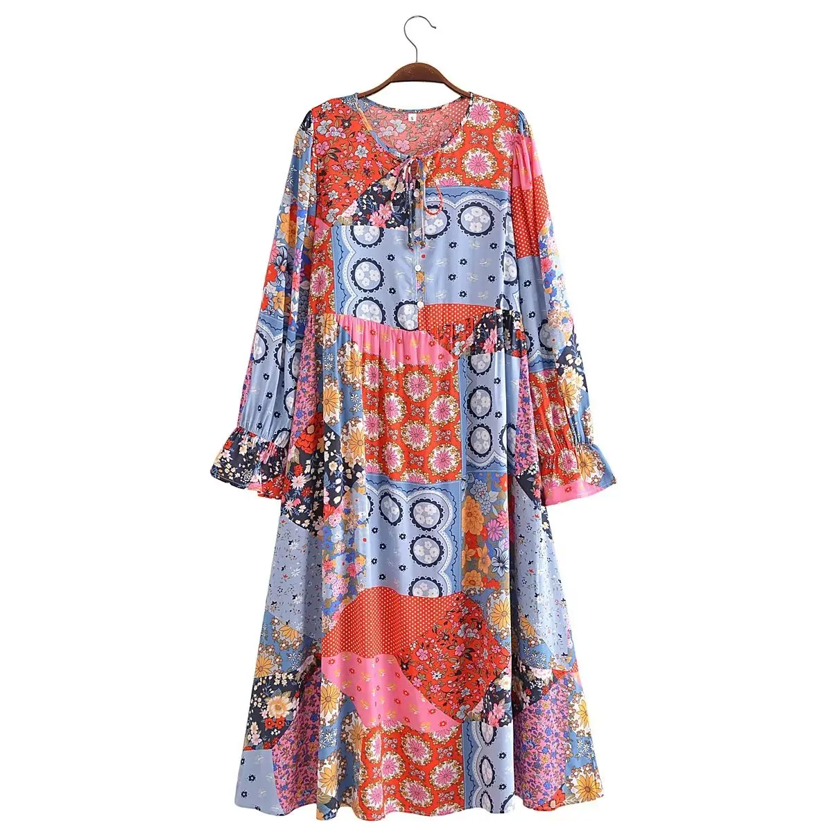 

Women 2023 New Fashion summer rayon print fringed bohemian long sleeve dress vintage casual chic female Dresses Vestidos mujer